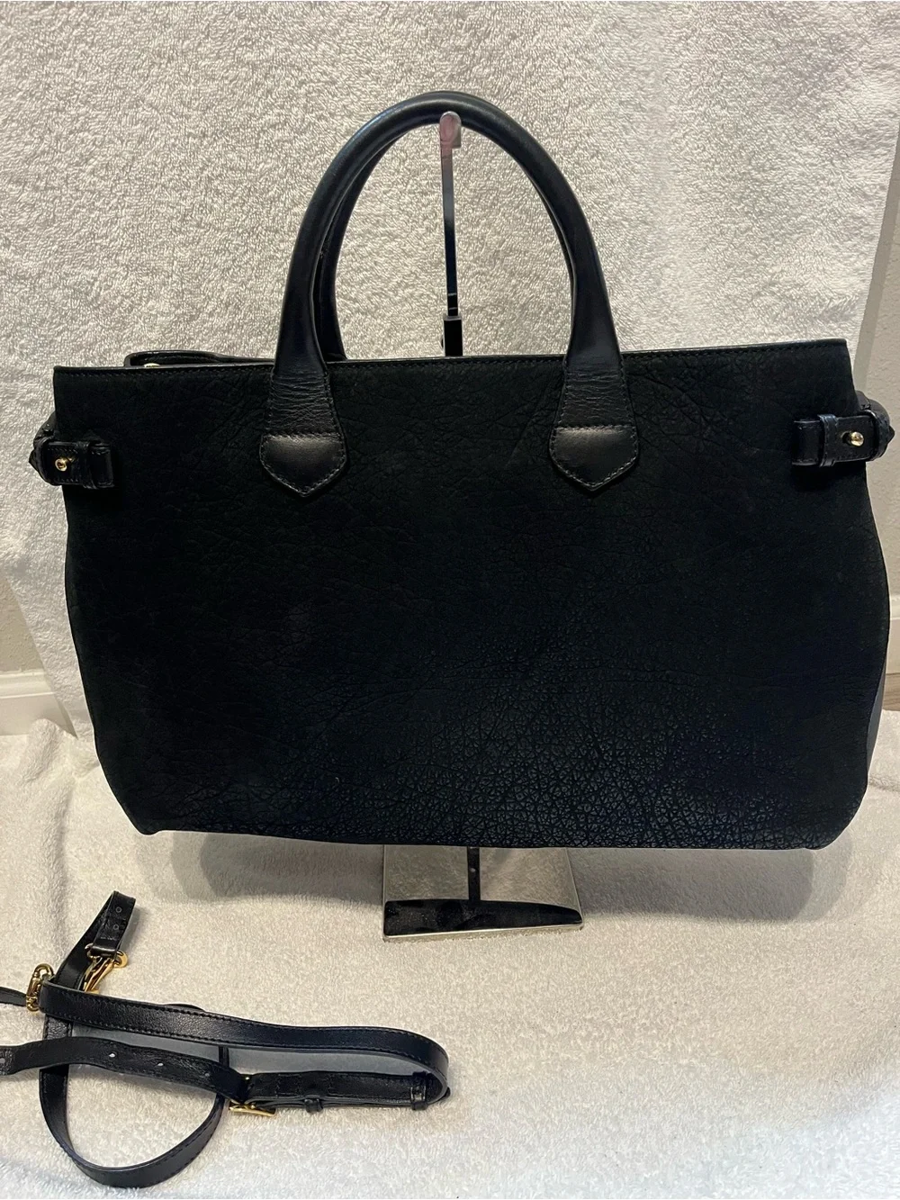 Burberry Black Suede Leather Satchel with Gold Accents